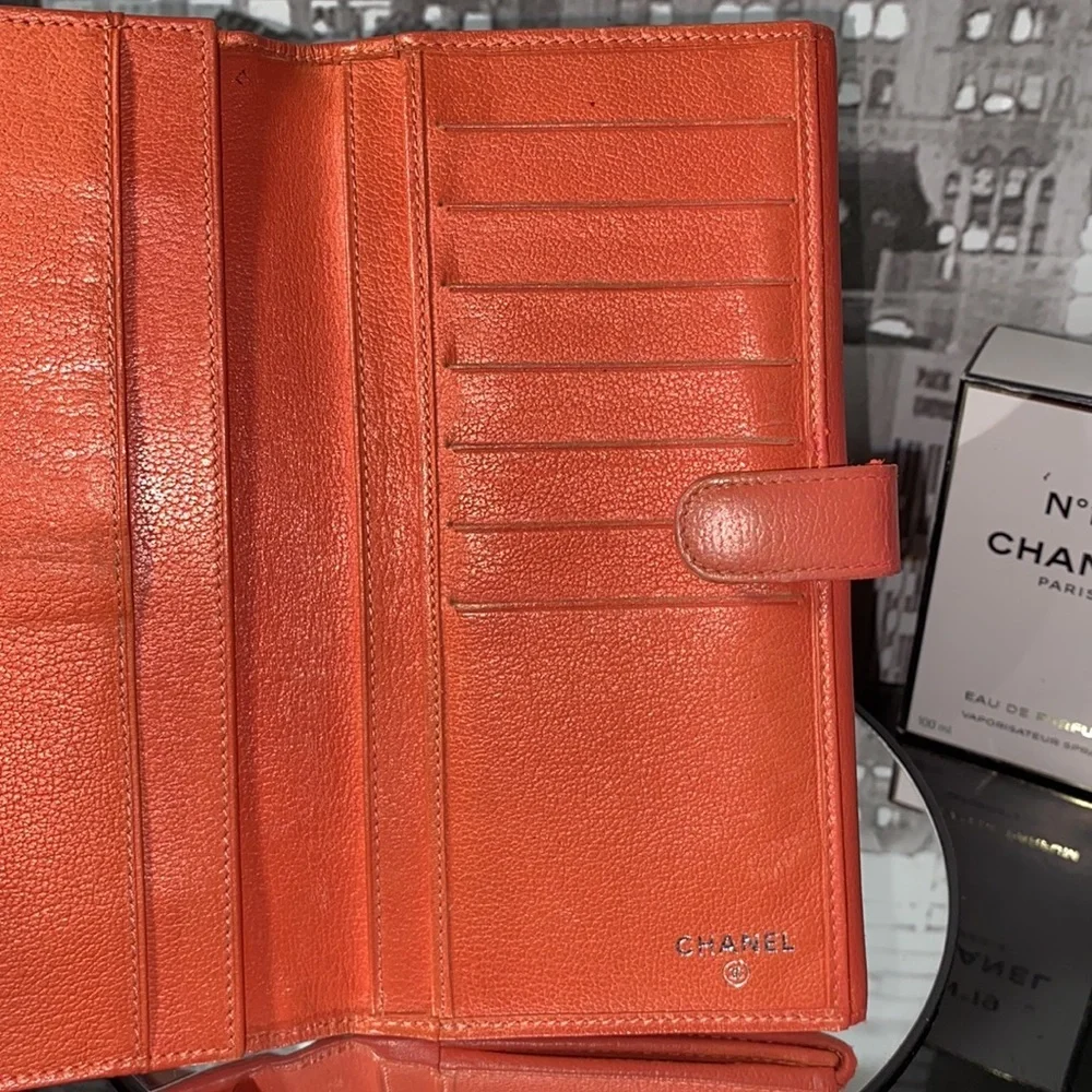 Vintage CHANEL Orange Leather Camellia Chain Wallet (2005)